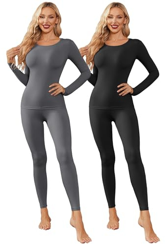 Ekouaer 2-pack termounderkläder, damer, vinter, topp och underdelar, skidunderkläder, varma termounderkläder, set, elastisk, termoundertröja, andas, S–XXL, Svartgrå, L