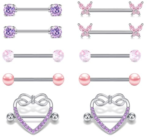 Funseedrr Nipple Piercing Bars Stainless Steel 14G 16mm Nipple Rings Straight Tongue Barbells Silver Purple Star Crystal Piercing Jewellery Women