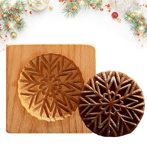 Christmas Wooden Cookie Mold - 3D Biscuit Cutter with Embossing Design for Gingerbread, Springerle, Cakes - DIY Holiday Baking Press Stamps Tools Gift for Xmas (Snowflake)