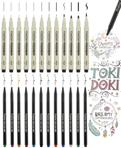 Donvuka 24 Stück Kalligraphie Stifte Set, 12 Stück Calligraphy Handlettering Stifte Wasserfest Schwarz und 12 Stück Fineliner Farbe mit 0.4 mm, Micron Fineliner Tuschestifte für Schreiben Zeichnen