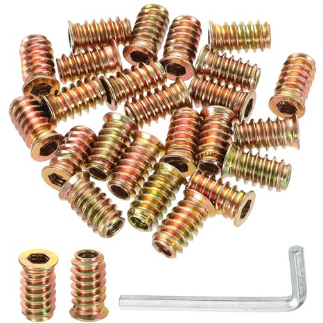 QUARKZMAN 25pcs Inserts d'Écrou UNC1/4-20 à Entraînement Hexagonal, Insert Fileté pour Bois 20mm, Goujons Filetés en Acier au Carbone, Connecteur de Fixation Écrou à Visser avec Clé, Doré
