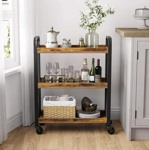 FEFE Wooden/Metal Industrial Look Rustic Narrow 26D X 66W X 85H Cm Rolling 3-Tier Kitchen Serving Cart Shelf Organiser Trolley With Wheels