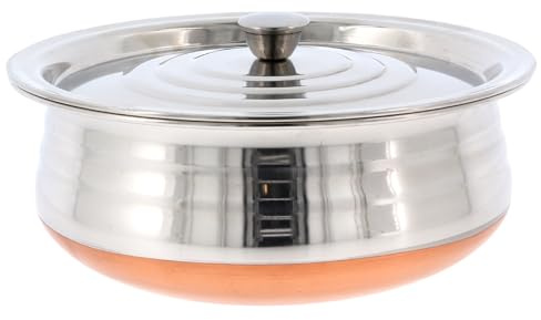 Stainless Steel Handi Copper Bottom Urli Pot with Lid Kitchen Cooking Serving Tope Bowl Urli Vessel Tableware for Indian Curry Biryani Rice Authentic Dishes (No 3 (Length: 23cm))