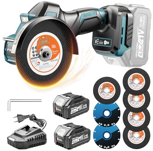 Yofuly Amoladora Angular a Batería 2x 4000 mAh | 100mm 3 Velocidades Mini Radial Pequeña Compatible con Baterías Makita de 18V, Rebarbadora con 7 Discos de Cort
