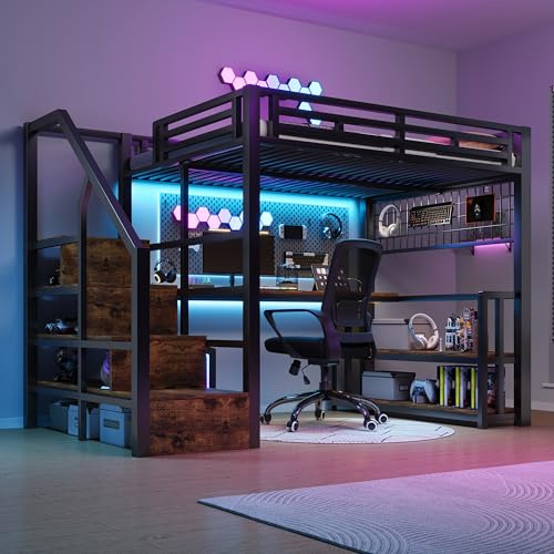 Cama alta con luz LED y puerto USB, 140 x 200 cm, cama de matrimonio con estructura de hierro con escritorio y rejilla colgante, con escaleras de almacenamiento y estantes portaobjetos, color negro
