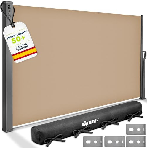 tillvex® Toldo Lateral 180 x 400 cm Extensible y Opaco con Cubierta | Protección Visual para balcón, jardín y terraza | Estor Lateral con Soporte de Pared | Protección Solar de Acero Inoxidable