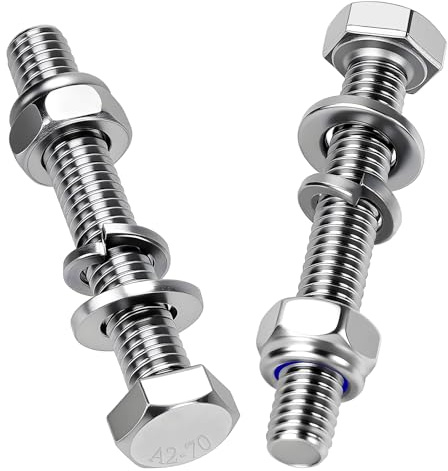 Mbsomnus Juego de tornillos y tuercas hexagonales M5, 12 unidades, acero inoxidable, M5 x 80 mm, DIN 933, acero inoxidable A2 V2A, con tuercas autoblocantes, arandelas y anillos de resorte para