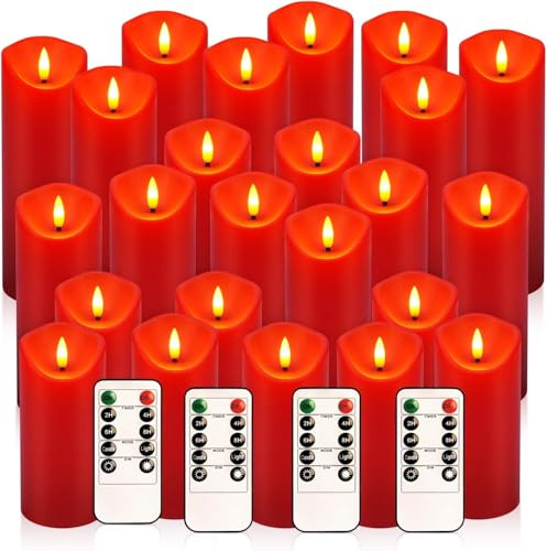 LIVEN Flackernde flammenlose LED-Kerzen, batteriebetriebene Stumpenkerzen mit Fernbedienung, für Neujahr, Heimdekoration, Partys, Hochzeiten, 24 Stück (T 5 x H 12,7 cm, 15,2 cm, 17,8 cm, Rot)