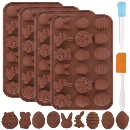 CHMMY Silikonform Ostern Silikon Schokoladenformen 4 Stück Pralinenform Backform Ostern Hase für DIY Schokolade, Süßigkeiten, Gelee mit Spatel und Pipette (Typ 2)