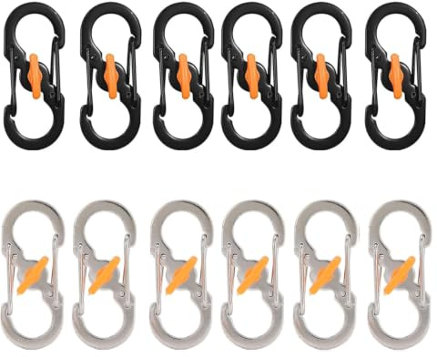 12 Pcs Mini S Carabiner Clips, Stainless Steel Locking Snap Hooks, | 6 Black + 6 Silver Heavy Duty Keychain Clips for Outdoor Camping Hiking Backpack, Max 3kg Load Capacity
