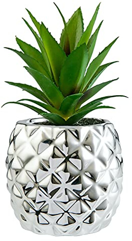 Künstliche Sukkulenten-Pflanze im Topf, 19,8 cm hoch. Porzellantopf in Ananasform, Home & Garden Dekoration silber