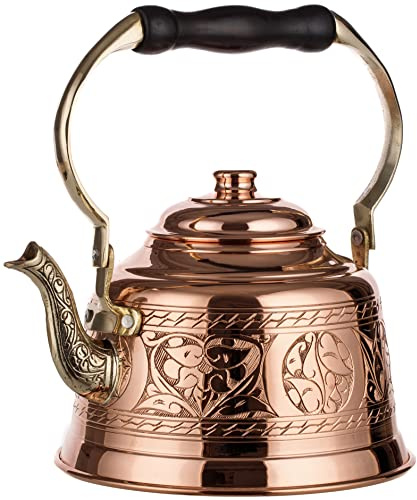 DEMMEX Handgefertigter Kupfer-Wasserkessel, 1 mm dickes Kupfer, graviert, 1,6 Quart (1,5 Liter) – Teekanne, Teekocher für Gas- und Elektroherde, handgehämmert, Made in Turkey