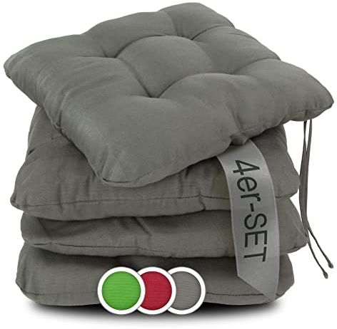 ZOLLNER 4er Set Sitzkissen in 38x38cm - gemütliche Stuhlkissen mit Bindebänder - waschbar bis 30°C - in grau - Oeko Tex® Zertifiziert