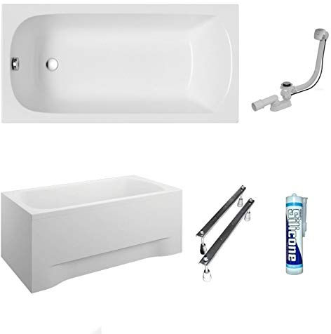 ECOLAM Badewanne Wanne Rechteck Classic Polimat Acryl weiß 150x70 cm + Schürze Ablaufgarnitur Ab- und Überlauf Automatik Füße Silikon Komplett-Set (150x70 cm)