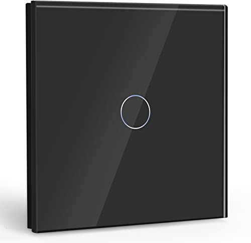 BSEED Lichtschalter, 1 Gang, 1-Weg, Berührungsschalter, schwarz, mit LED-Anzeige, Lichtschalter mit Platte aus gehärtetem Glas, ohne Neutralkabel (maximale Belastung: 500 W)