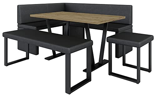Eckbank Akiko Metal mit Tisch und Bänken - Eckbankgruppe für Ihrem Esszimmer, Küche modern, Sitzecke, Essecke. Perfekt für Küche, Büro und Rezeption. Solide Verarbeitung (Soft 11, 196x142 Links)