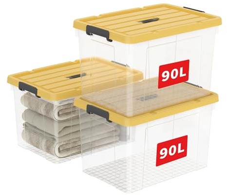 Cetomo 90L*3 Caja de Almacenamiento con Asa, Caja de Plástico con Tapa y Cierre Seguro, Contenedor de Almacenamiento Grande, Duradera, Apilable, Resistentes, Amarillo & Claro, Paquete de 3 de 90L