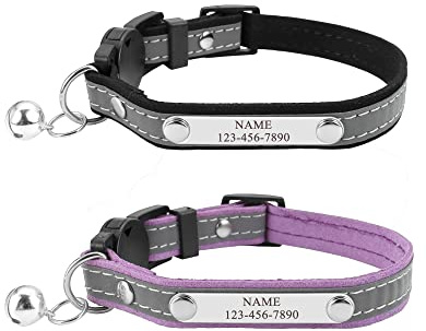 Mogokoyo 2er Pack Glöckchen Katzenhalsband mit Namen und Telefonnummer Personalisiert Reflektierend Katzenhalsband mit Sicherheitsverschluss Verstellbar Halsband für Katze (Stil 1- Schwarz&Lila)