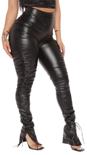 Faux Leather Leggings High Waisted, Sexy Women Pleated Leather Tights Splits Hem Stacked Pants Black XL