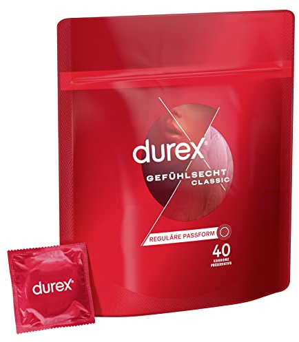 Durex Gefühlsecht Classic Kondome – Dünne Kondome mit anatomischer Easy-On-Form & mit Silikongleitgel befeuchtet – 40er Pack (1 x 40 Stück)