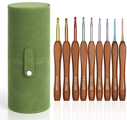 Aeelike virknålset trähandtag, 9 stycken ergonomiska virknålar med grön förvaringslåda för artritiska händer, 2,0–6,0 mm lätta startvirknålar med färgglada aluminiumkrokhuvud för nybörjare