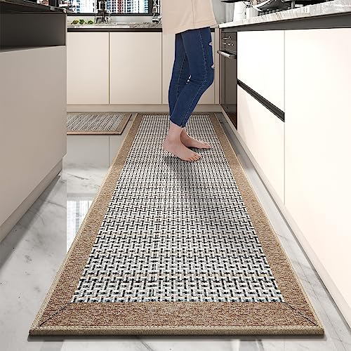 PADOOR Non Slip Kitchen Rugs Sets of 2 - Extra Large 2.5'x6' + 20x32 Runner Rugs for Kitchen Floor Non Skid Washable, Absorbent Kitchen Mat for in Front of Sink 2 Piece Brown