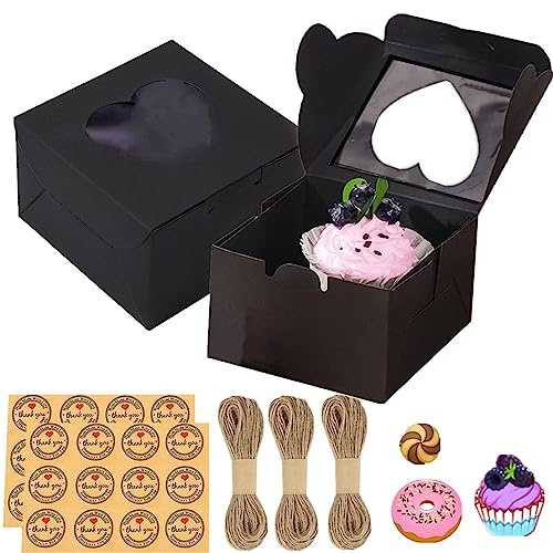 Gbateri 50 PCS Mini Bakery Boxes - 4x4x2.5 Inch - Windowed - Perfect for Cupcakes, Donuts, Strawberries, Muffins (Black)