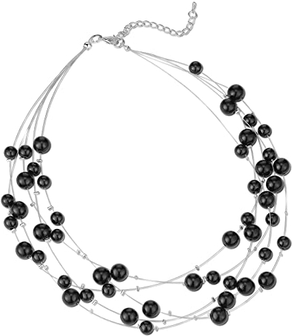 FULU AUTUMN Boho Perlenkette Damen Silber Statement Kette Mehrreihige Modeschmuck Geburtstagsgeschenk für Frauen(Black)