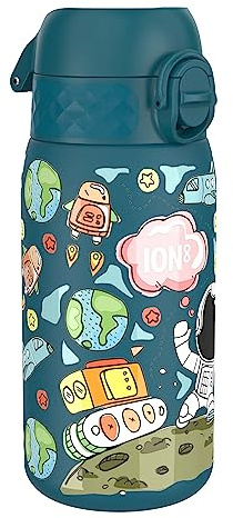 Ion8 Lightweight Steel Kids Water Bottle, 400ml/13oz, Non-Insulated, Leak Proof, Easy to Open, Secure Lock, Dishwasher Safe, Fits Cup Holders, Carry Handle, Metal Water Bottle, Blue, Space