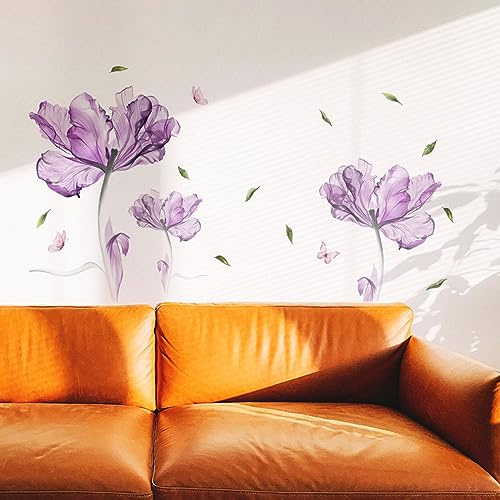 Runtoo Wandtattoo Blumen Groß Wandsticker Mohnblumen Lila Blüten Wandaufkleber Wohnzimmer Schlafzimmer Kinderzimmer Babyzimmer Flur Wanddeko
