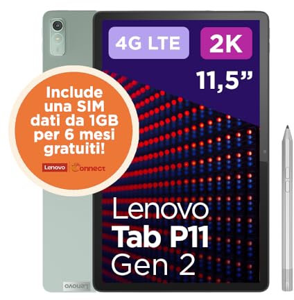 Lenovo Tab P11 Seconda Generazione, Display 2K da 11.5 - (MediaTek Helio G99, RAM 4GB, Memoria 128GB, WiFi, 4G LTE, Android 12) - Sage Green, Penna e Caricabatterie incluso, Esclusiva Amazon