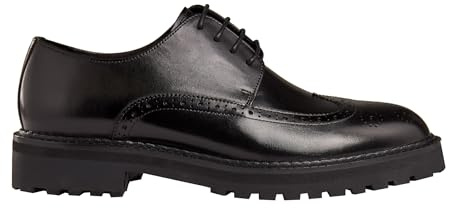 Xposed Zapatos Derby Semi Brogue de Cuero Pulido para Hombre Suela de Goma Comando Gruesa Retro Hecha a Mano [MA202-Y09-BLACK-46EU, 11.5UK]