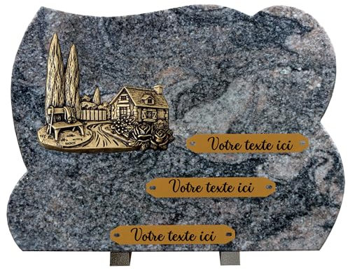 France Tombale Plaque funéraire personnalisée - Granit - Assemblée en France - Bronze cyprès - H 30 X L 40 cm - 3 textes