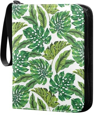 Tropische exotische Monstera-Blätter Sammelkartenalbum 4 Taschen Kartenordner 50 Seiten 400 Karten PU Reißverschluss Kartenbinder Aufbewahrungshalter für Sportspielkarte
