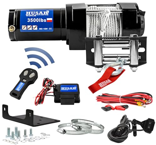 Husar Winch Treuil Électrique 12V, 3500 lbs 1587 kg - Corde en Acier de 12 mètres de long, Très Solide,Contrôle Sans Fil, Frein Automatique, Kit De Montage - Idéal Pour Les ATV/UTV + SANGLE GRATUITS