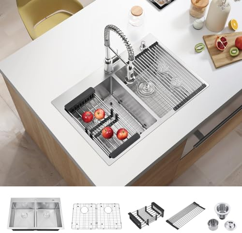 ATTOP 33 Inch Large Double Bowls Drop in Kitchen Sink,Nano Coating Stainless Steel Handmade Topmount Kitchen Sink