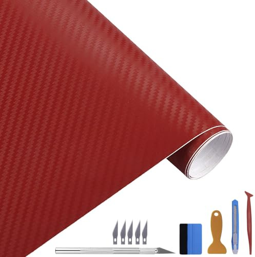 NewL 3D-Vinylfolie aus Karbonfaser, mit Luftabgabe, Rot 30 x 300 cm | 3D Carbon-Faser-Optik, Montagewerkzeug inkl., DIY Selbstklebende, flexibel dehnbar, wetterfest, für Auto Motorrad Möbel