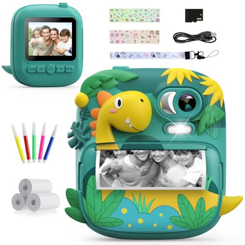 Kids Camera Instant Print, CAMCLID 2.4 Inch Screen Camera for Kids Dinosaur Children Digital Toys with 32GB Card & 3 Rolls Paper, Christmas Birthday Gift for Boys Girls 3-12 Age(Green)