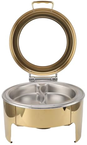 Runder Buffet-Chafing Dish, Goldfarben, Visueller 90-Grad-Klappdeckel, Edelstahl, 6 L, Alkohol-Heizung, Buffet-Speisewärmer (Pfanne mit 2 Fächern)