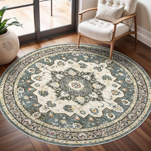 TOPRUUG Waschbarer Orientalischer Zimmerteppich - 1,83m Runde Teppiche fürs Wohnzimmer, weicher Teppich fürs Schlafzimmer, wasserdicht, Blumenmuster, gealtert, schmutzabweisend, nicht reißender