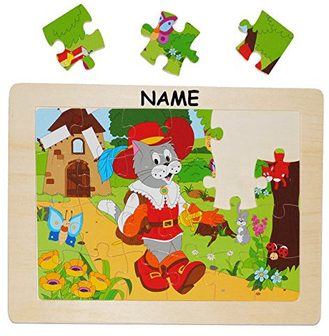 alles-meine.de GmbH Rahmenpuzzle aus Holz - 24 Teile incl. Name - Märchen der gestiefelte Kater - Steckpuzzle Puzzle - für Kinder/Mädchen Jungen - Legespiel - Kinderpuzzle ..