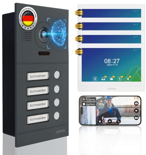 Mathfel 2-Draht IP Video-Türsprechanlage mit Türöffner – Full-HD Kamera, 10 Monitor & App-Steuerung – Smarte Video-Türklingel mit Gegensprechanlage (Anthrazit, 4 Klingeltaster)