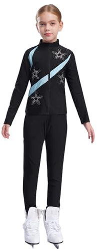 Fldy Mädchen Trainingsanzug Eiskunstlauf Sport Kleidung Set Glitzer Strass Stehkragen Jacke Und Leggings Kinder Tanzanzug Sportswear Sweatsuit Hellblau 158-164