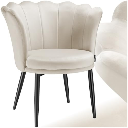 tectake® Sillón Tapizado con Acolchado Grueso, Butaca Salón con Respaldo Curvado en Forma de Flor, Sillón de Lectura con Patas de Acero, Tapas Antideslizantes, Silla Oficina - Terciopelo, Crema/Negro