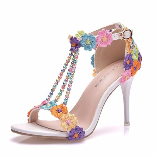 Sandali con Tacco a Spillo Alto da Donna, Sandali con Tacco a Spillo, Punta Aperta, Pizzo e Perle, Cinturino con Fibbia alla Caviglia, Scarpe Eleganti per Matrimonio e Sposa,Arancia,35 EU