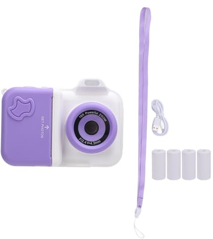 Cámara de Impresión Instantánea con Flash, Tarjeta de Memoria de 32 GB de 2.4 Pulgadas Cámaras Delantera y Trasera de 1 MP, Tecnología de Impresión Térmica (Morado)