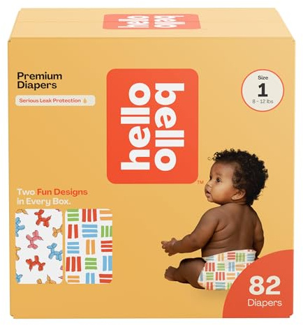 Hello Bello Premium Diapers Size 1, Balloon Buddies & Crosshatch Cuties Designs, 82ct Club Box