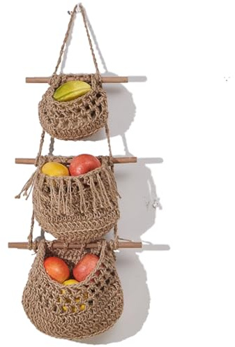 3 Tier Jute Rope Basket, Woven Wall Hanging Organizer for Fruits, Vegetables, Toys amd Decor, Multifunctional Kitchen, Bathroom, Bedroom Storage, Natural Rustic Boho Style