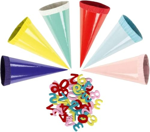 Toppoint 12 Mini Dekoschultüten mit Filzzahlen – 12 cm – 6 sortierte Farben – mit Krepppapier-Verschluss – für Einschulung & Bastelprojekte (12 St. Dekotüten mit Ziefern)