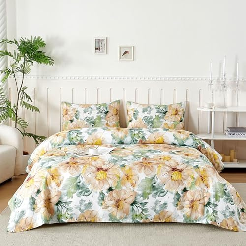 Parure De Lit 180x190/200 cm en Microfibre, Ensemble de Draps 4 Pièces Imprimée, Drap Housse Ajustable 180x200 cm cm, Drap Plat 2 Personnes 240x250 cm et 1 Taie d'oreiller 50x80, Voyage Fleur Orange